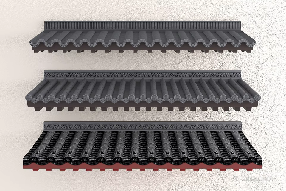 Three Different Traditional Architectural Roof Tile Components With Black Wavy Design And Red Base 3d model 