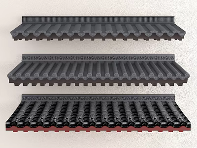 Three Different Traditional Architectural Roof Tile Components With Black Wavy Design And Red Base 3d model