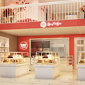 Vibrant Sweet Shop Interior with Glass Display Cases Fresh Pastries Red Walls and Flower Decor