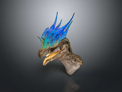 Mythical Dragon Head Sculpture With Vibrant Blue Green Horns And Open Mouth 3d model