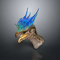 Mythical Dragon Head Sculpture With Vibrant Blue Green Horns And Open Mouth