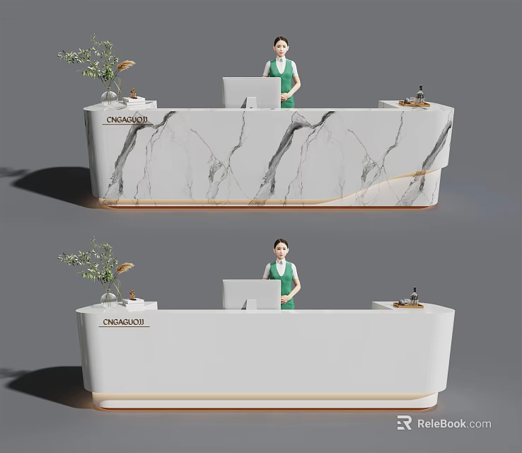 Elegant Reception Desk with Marble Texture White Surface Receptionist Computer and Plant Decoration 3d model