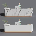 Elegant Reception Desk with Marble Texture White Surface Receptionist Computer and Plant Decoration 3d model