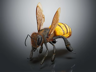 Detailed Close Up View Of Flying Bee With Yellow Stripes And Transparent Wings 3d model