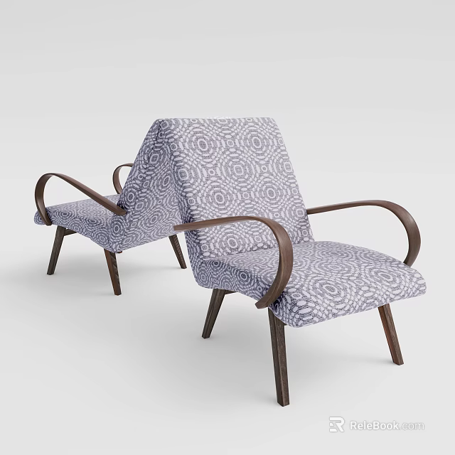 Elegant Accent Chairs With Spiral Pattern Upholstery And Curved Wooden Arms 3d model 