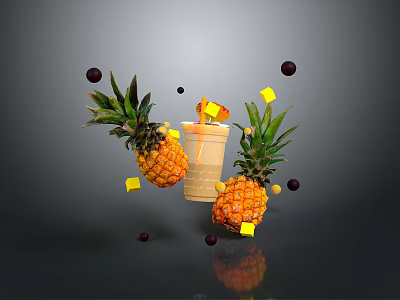 Fresh Tropical Pineapple Smoothie With Flying Chunks And Berries Around Two Pineapples 3d model