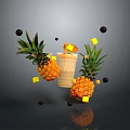 Fresh Tropical Pineapple Smoothie With Flying Chunks And Berries Around Two Pineapples