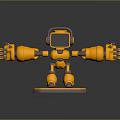 Yellow Mechanical Robot With Square Head And Clawed Arms On Gray Stand 3d model