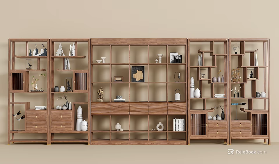 Traditional Wooden Bogu Shelf with Decorative Books Ornaments and Ceramic Vases 3d model 