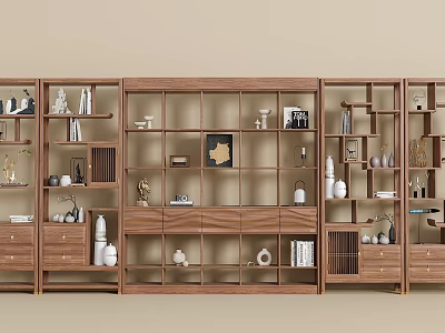 Traditional Wooden Bogu Shelf with Decorative Books Ornaments and Ceramic Vases 3d model
