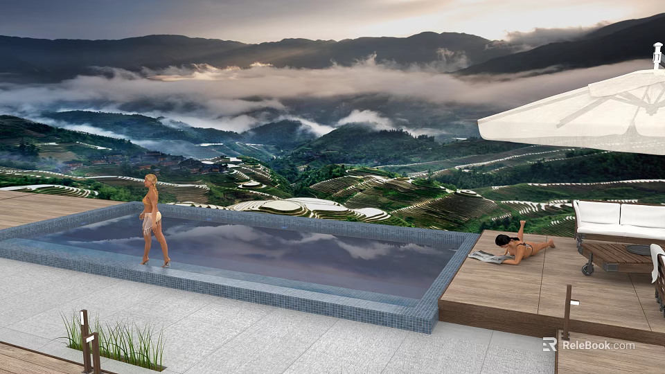 Serene Garden Landscape Featuring Terrace Fields Swimming Pool Distant Mountains And Misty Clouds 3d model 