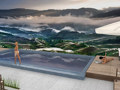 Serene Garden Landscape Featuring Terrace Fields Swimming Pool Distant Mountains And Misty Clouds 3d model