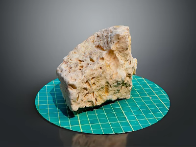 Natural Wooden Stone Block With Textured Surface On Green Grid Mat 3d model