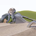 Octopus Shaped Outdoor Play Equipment with Multiple Slides Green Hill and Steps