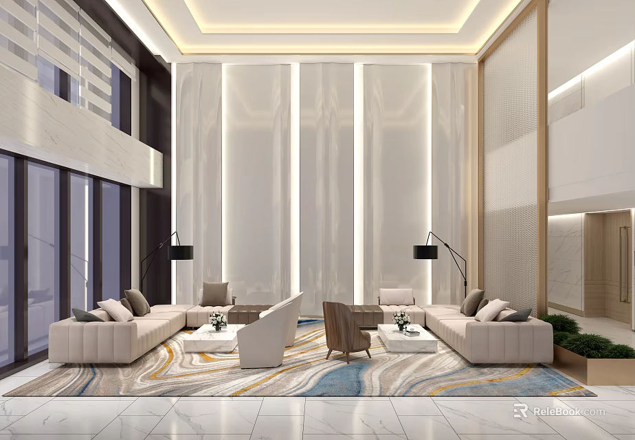 Modern Hotel Lobby Interior With Luxury Sofas Patterned Carpet And Floor Lamps 3d model
