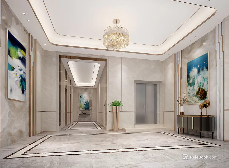Modern Elevator Hallway Interior Design With Marble Walls Chandelier And Decorative Paintings 3d model 