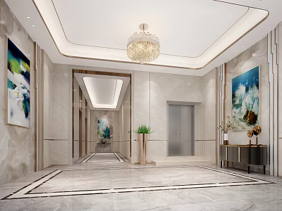 Modern Elevator Hallway Interior Design With Marble Walls Chandelier And Decorative Paintings 3d model