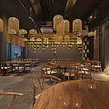 Chinese Style Restaurant Interior Featuring Bamboo Pendant Lights Wooden Round Tables And Dining Chairs