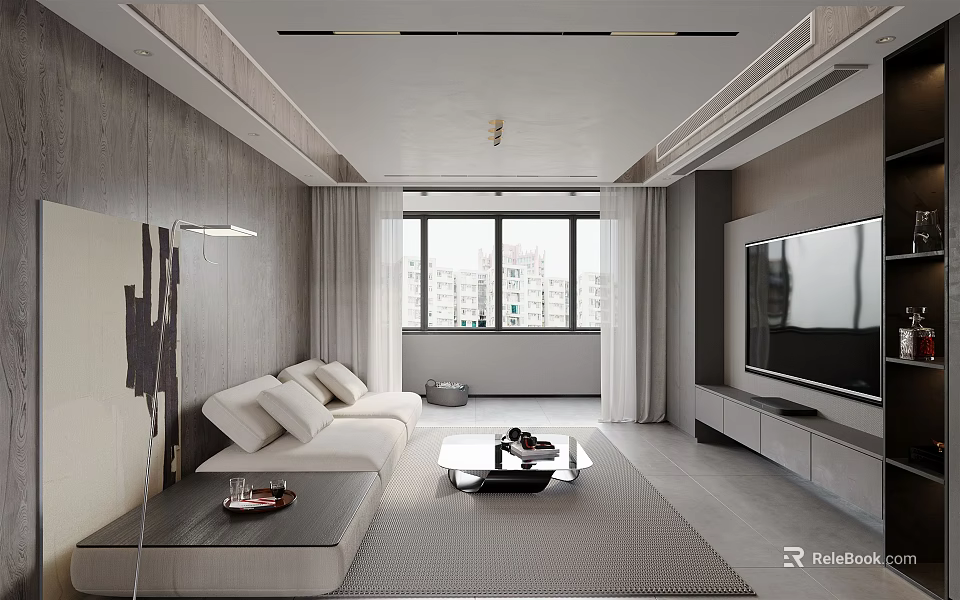 Modern Living and Dining Room Interior Design With White Sofa TV Cabinet and Large Window 3d model 