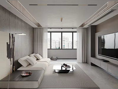 Modern Living and Dining Room Interior Design With White Sofa TV Cabinet and Large Window 3d model