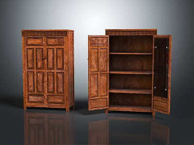 Vintage Wooden Cabinets Display Carved Details With One Closed And Open Design Featuring Internal Shelves 3d model