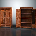 Vintage Wooden Cabinets Display Carved Details With One Closed And Open Design Featuring Internal Shelves
