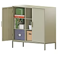 Modern Light Beige Console Cabinet With Two Doors Open Shelf Cactus And Storage Box 3d model