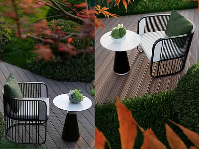 Stylish Outdoor Sofa With Black Rattan Frame Green Cushions And Side Table On Wooden Deck 3d model