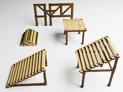 Wooden Building Components Featuring Frames Grilles And Bench Structures With Striped Planks 3d model