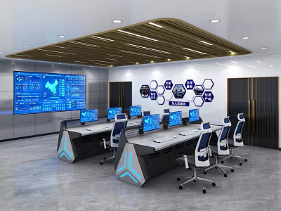 Modern Control Room With Multiple Computer Monitors Control Desks And Hexagonal Decorations 3d model