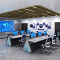 Modern Control Room With Multiple Computer Monitors Control Desks And Hexagonal Decorations 3d model