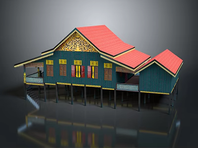 Traditional Wooden House Elevated on Stilts With Red Roof Blue Walls And Yellow Decorations 3d model