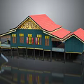 Traditional Wooden House Elevated on Stilts With Red Roof Blue Walls And Yellow Decorations