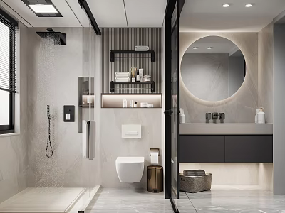 Modern Bathroom Design With Round Mirror Shower Area Toilet And Shelf With Toiletries 3d model