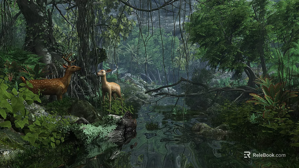 Beautiful Lush Tropical Rainforest Natural Scenery With Two Wild Spotted Deer Beside Calm Shallow Creek 3d model 