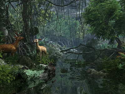 Beautiful Lush Tropical Rainforest Natural Scenery With Two Wild Spotted Deer Beside Calm Shallow Creek 3d model