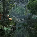 Beautiful Lush Tropical Rainforest Natural Scenery With Two Wild Spotted Deer Beside Calm Shallow Creek