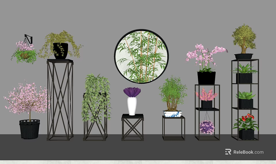 Bonsai and Potted Plants Decor With Metal Stands Bamboo Orchid Cherry Blossom Round Wall Art 3d model 