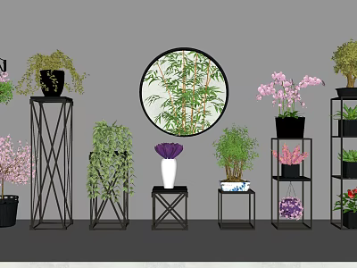 Bonsai and Potted Plants Decor With Metal Stands Bamboo Orchid Cherry Blossom Round Wall Art 3d model