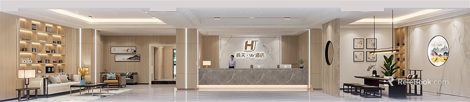 Stylish Hotel Lobby With Marble Reception Desk Staff Standing And Wooden Decor 3d model 