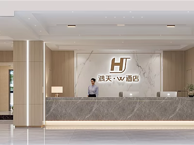 Stylish Hotel Lobby With Marble Reception Desk Staff Standing And Wooden Decor 3d model