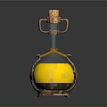 Artistic Glass Bottle Sculpture With Golden Metal Frame And Yellow Liquid Cork Stopper