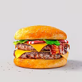 Juicy Cheeseburger with Sesame Seed Bun Fresh Lettuce Tomato Slices Bacon and Grilled Beef Patty