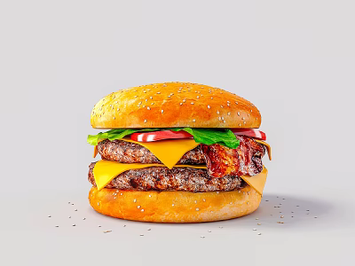 Juicy Cheeseburger with Sesame Seed Bun Fresh Lettuce Tomato Slices Bacon and Grilled Beef Patty 3d model