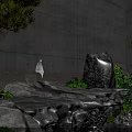 Serene Garden Ornament With Gray Concrete Wall White Sculpture Flowing Water Rocks And Green Plants