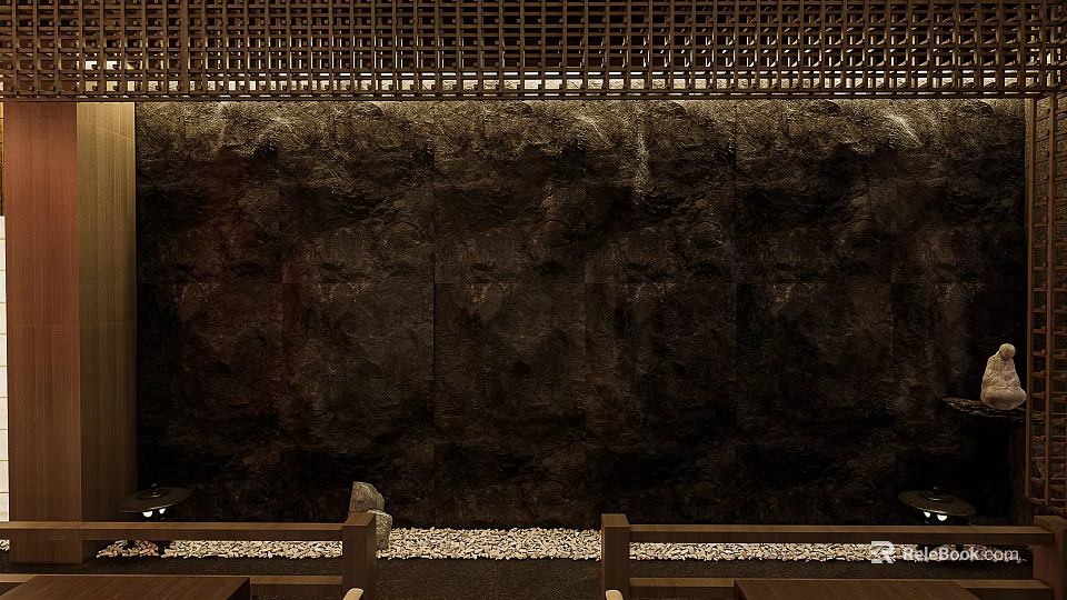 Rustic Stone Background Wall With Wooden Lattice Top And Pebble Floor Design 3d model 