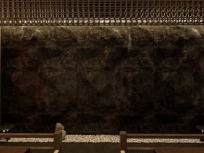 Rustic Stone Background Wall With Wooden Lattice Top And Pebble Floor Design 3d model