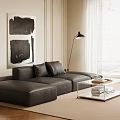 Modern Leather Sofa and Glass Coffee Table Set for Minimalist Living Room with Abstract Art