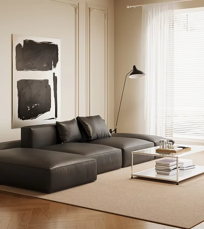 Modern Leather Sofa and Glass Coffee Table Set for Minimalist Living Room with Abstract Art 3d model