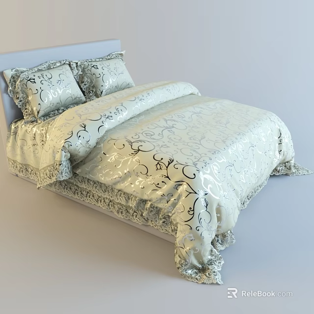Elegant Double Bed With Ornate Pattern Bedding Lace Trim And Matching Soft Pillows 3d model